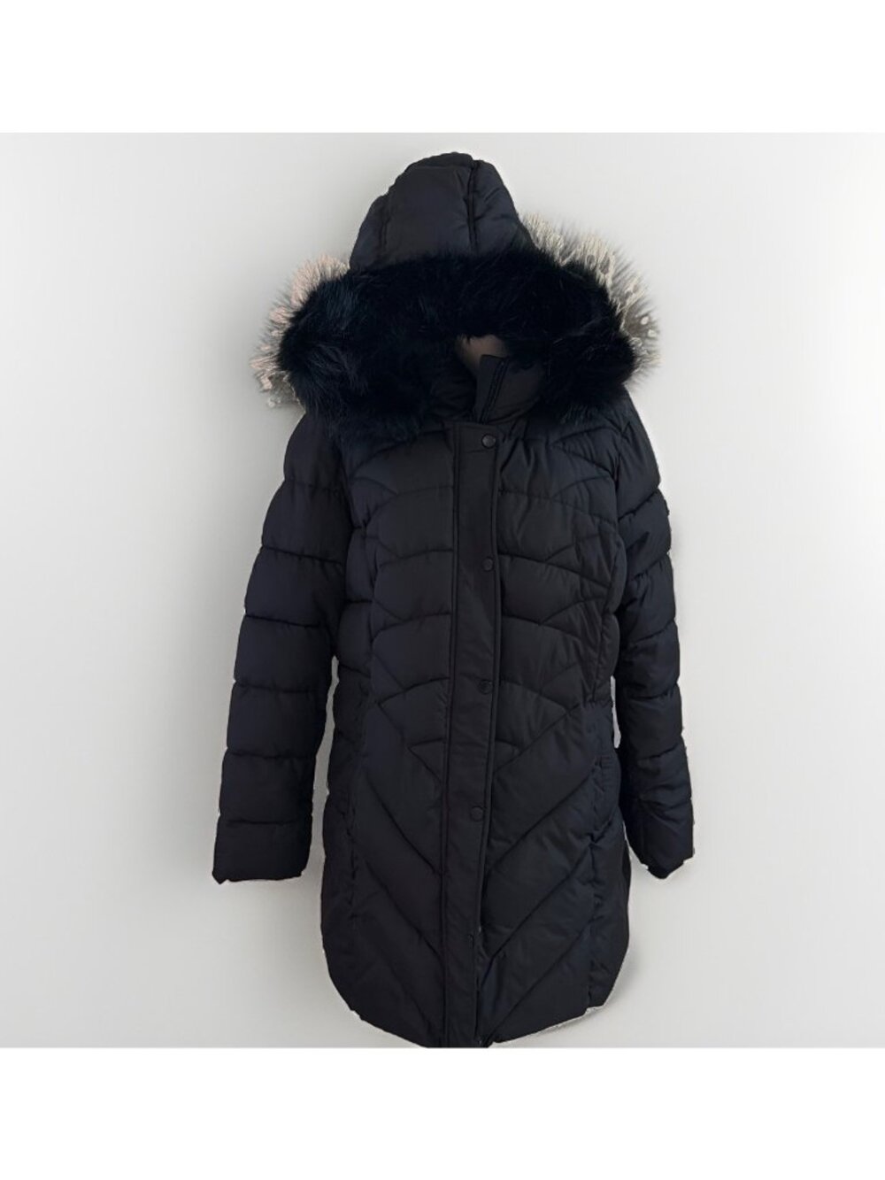 BINACL Women's Puffer Jacket Size XL Black Faux Fur Removable Hood Quilted Warm